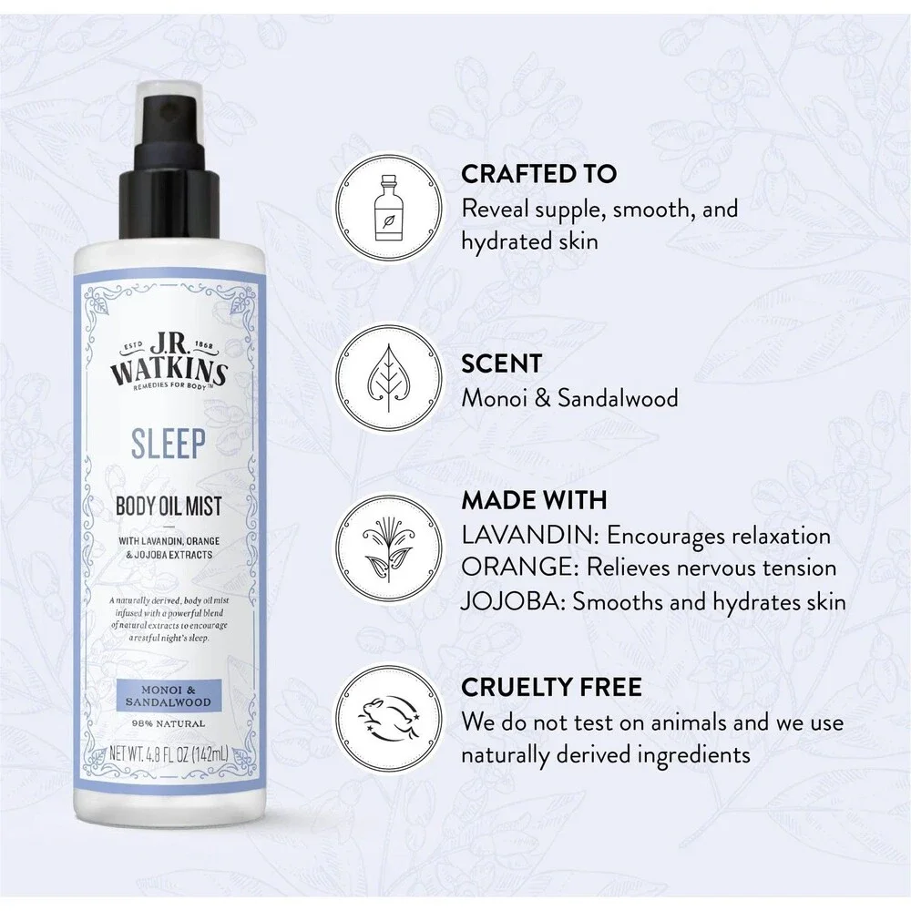 J.R. Watkins Sleep Body Oil Mist - Monoi & Sandalwood - Hydrates Skin 4.8 oz